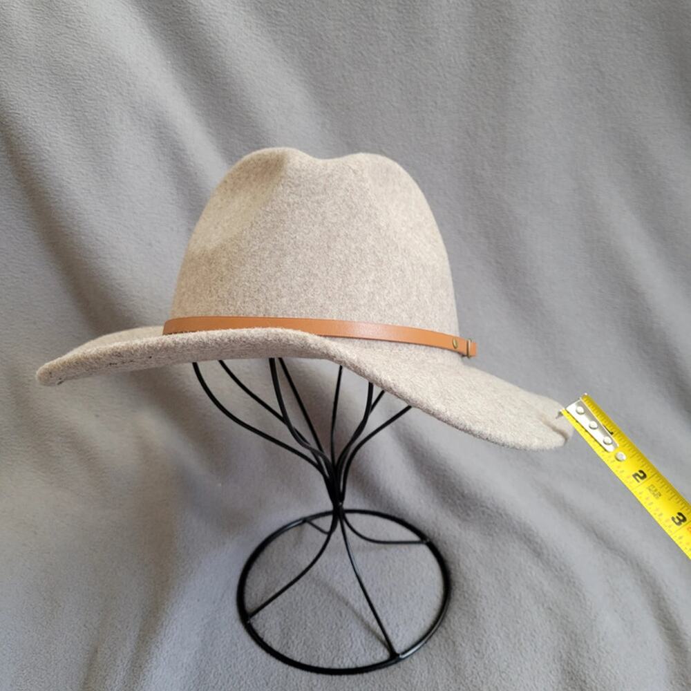 Beige Wool Blend Fedora Hat Thin Strap Classic Style Project Hat Asymetric - Picture 5 of 13